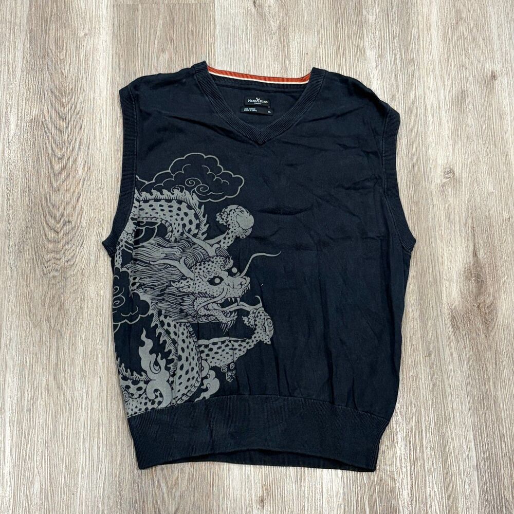 Vintage 00s Y2K Marc Ecko Dragon Sweater Vest Men's Size XL Grey Orange